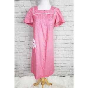 VTG Pink White Floral House Day Dress Pearl Snap Front Short Sleeve Pocket Sz S